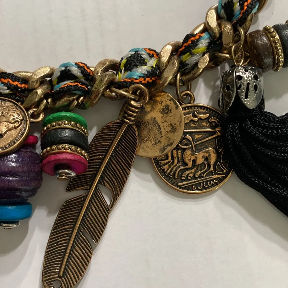 Mudd Braided Gold Tone Chain Love Peace Happiness Charm Necklace NWT